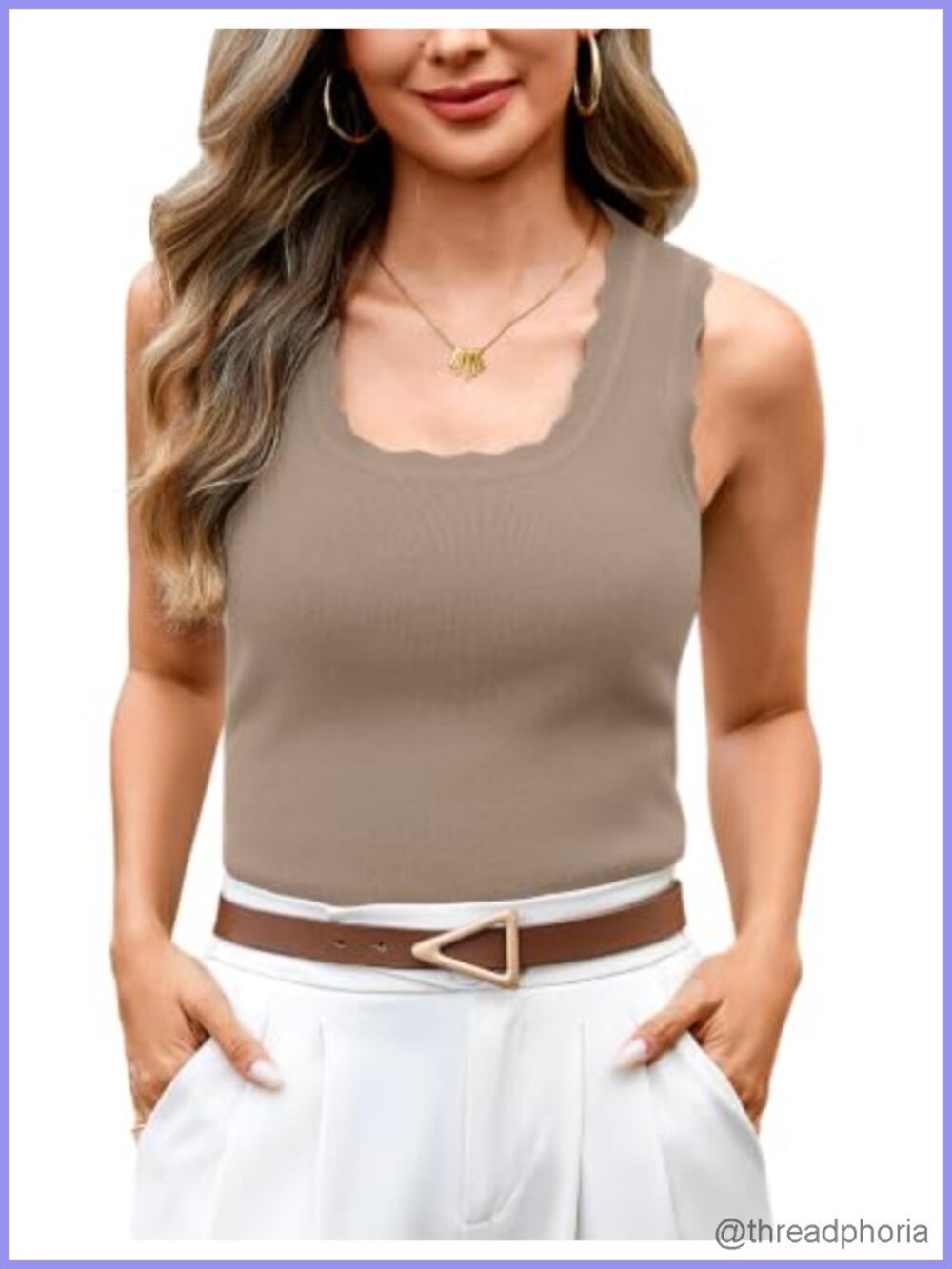 Womens Scalloped Square Neck Knit Tank Top Sleeveless Ribbed Vest